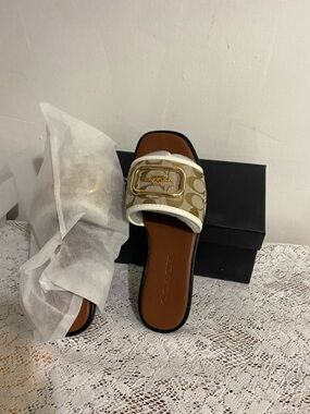 Coach Signature Slide Sandals in Beige and White with Gold Accent